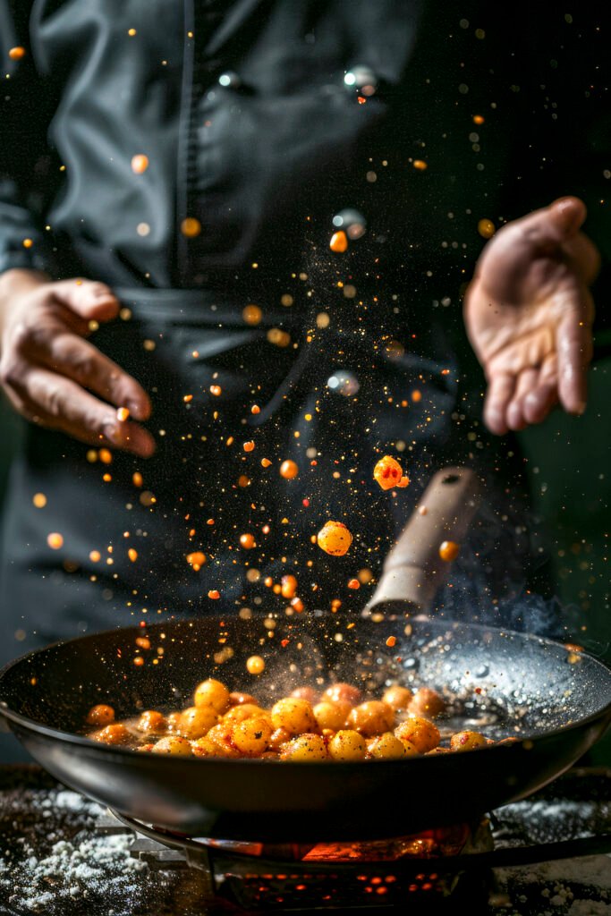 chef cooking flambe potatoes in action