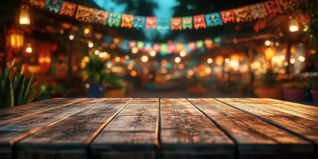 vibrant marketplace at dusk with festive lights and wooden table in focus